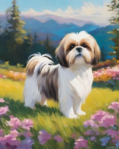 ZUVRDIAI Adults' Paint by Number Kits, Shih Tzu Dog, Flower Meadow, Paint by Number Kits on Canvas, DIY Oil Paintings for Beginners Arts and Crafts, 40x50cm No Frame by ZUVRDIAIPaintbyNumbersKits