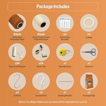 Macrame Kits for Beginners, 3 Set of Plant Hangers DIY Kit: Braided Polyester Ropes 50yds*5mm Burnt Orange, 20yds*2mm Ivory, 60+Pcs Supplies with Step-by-Step Easy Instructions (ORIV) - Image 3