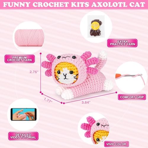 Crochet Kit for Beginners, Cat Dress in Axolotl Crochet Kit, Complete Crochet Animal Kit with Step-by-Step Video Tutorials, Easy Knitting Kit for Adults, DIY Cat Craft Kit for Galentines Gifts - Image 4