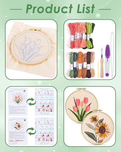 ERKOON Punch Needle Kit Adults Beginners, 2 Pcs DIY Easy Flower Embroidery Set for Starter Art Craft, Needling Punching Project with Patterns, Tools, Yarns, Hoop, Instruction (Sunflowers & Tulips) - Image 2