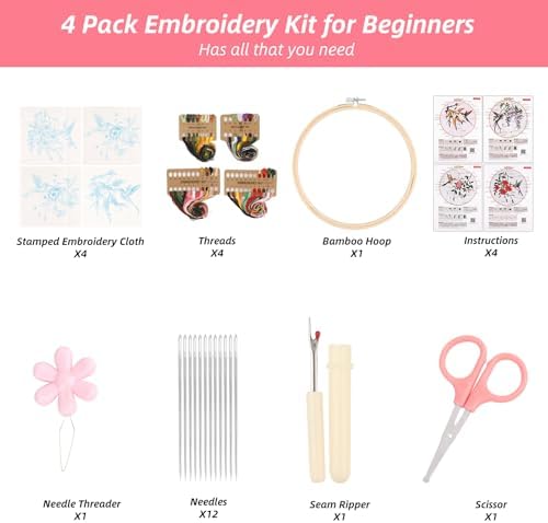 Sopoloray 4 Pack Hummingbird Embroidery Kit for Beginner Adults,Floral Patterns Starter Kit for Adults with Embroidery Hoop,Threads,Needles,Scissors,Instructions - Image 2