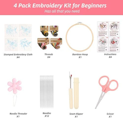 Sopoloray 4 Pack Hummingbird Embroidery Kit for Beginner Adults,Floral Patterns Starter Kit for Adults with Embroidery Hoop,Threads,Needles,Scissors,Instructions - Image 2