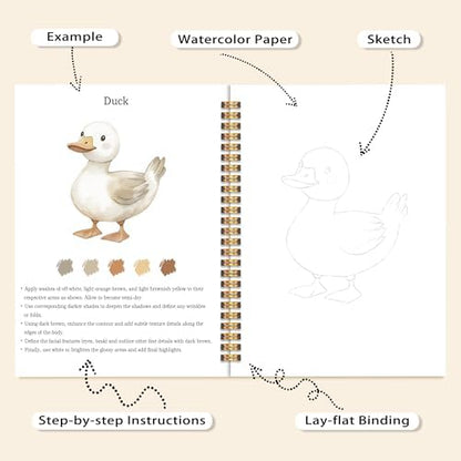 Farm Animals Watercolor Workbook, Water Coloring Book, 12 Patterns, 18 Colors Watercolor Paint Set, Countryside Memories Watercolor Kit for Beginners, Relaxing DIY Gift for Adults - Image 4