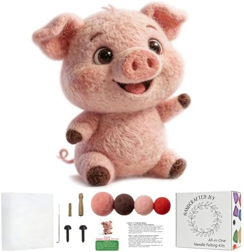 DIY Needle Felting Kit Cute Happy Waving Pink Piglet – Needle Felting Starter Kit with Fiber Roving, Needles, Felting Pad & Instructions | Felted Farm Animal Kit for Beginners Adults | DIY Craft Gift by FaceNFace