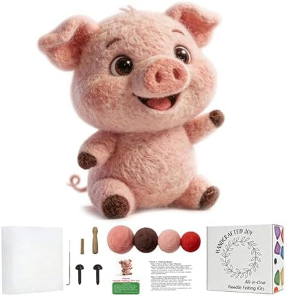 DIY Needle Felting Kit Cute Happy Waving Pink Piglet – Needle Felting Starter Kit with Fiber Roving, Needles, Felting Pad & Instructions | Felted Farm Animal Kit for Beginners Adults | DIY Craft Gift by FaceNFace