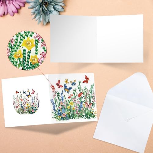 Tontut 6pcs Diamond Art Painting Kit Greeting Card, Green Flower Butterfly 5D DIY Diamond Handmade Holiday Greeting Card with Envelope, Holiday Gift Congratulations - Image 4