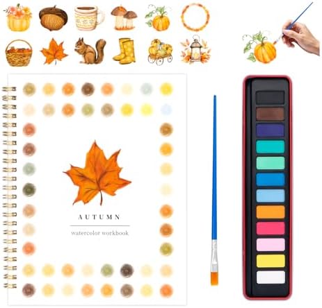 Watercolor Workbook for Adults, Beginner Friendly Watercolor Painting Kit Autumn Water Coloring Book, Nature-Themed Practice Art Gift Water Color Paint Book with Palette and Brush by Kivzex