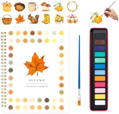 Watercolor Workbook for Adults, Beginner Friendly Watercolor Painting Kit Autumn Water Coloring Book, Nature-Themed Practice Art Gift Water Color Paint Book with Palette and Brush by Kivzex