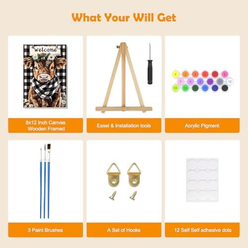 MOGTAA Cow Paint by Numbers Kit for Adults Beginners with Frame, Flowers Adult Paint by Number Kits on Canvas with Easel, Easy DIY Animal Oil Painting Kits for Home Decor, 8x12in - Image 5