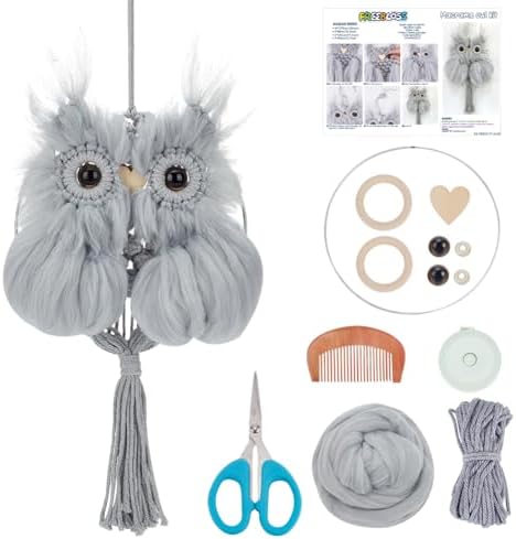 FREEBLOSS DIY Plush Owl Grey Macrame Owl Kit Macrame Wall Hanging Art Macrame Wall Hanging Kit Beginner Macrame Kit with Video Tutorials Macrame Owls Decor for Home by FreeandCreativeCraftsArt