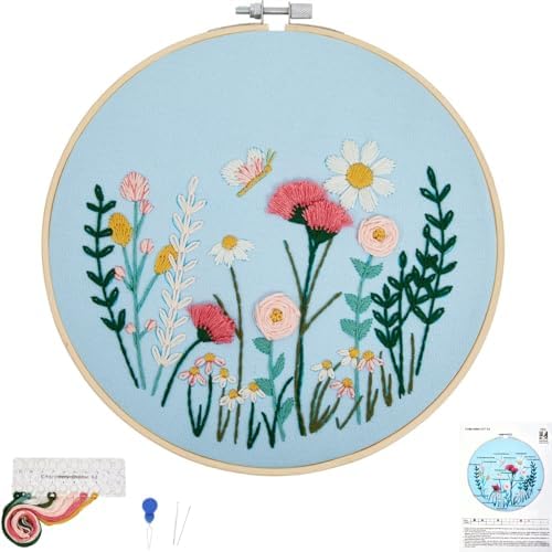 Flower Embroidery Kits for Beginners Adults, Hand DIY Embroidery Art Kits, Floral Stamped Cross Stitch Kits for Beginner Adults Craft Kits for Women, Entire Set of Embroidery Supplies & Video Tutorial by Unknown