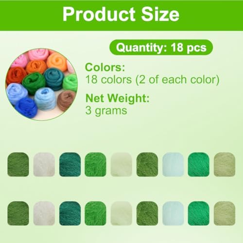Ainiv 18 Pcs Needle Felting Wool, 9 Colors x 2 Packs Wool Roving, Green - Image 2