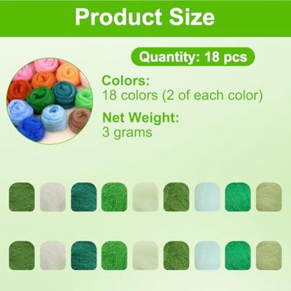 Ainiv 18 Pcs Needle Felting Wool, 9 Colors x 2 Packs Wool Roving, Green - Image 2