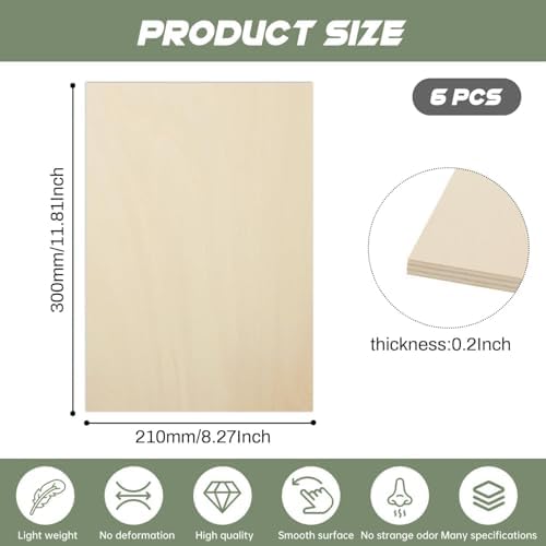 6 Pack Plywood Sheets, 8" x 11.8"x 0.2" Basswood Sheets - Image 2