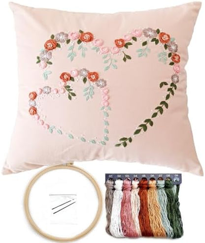 Crewel Pillow Case Embroidery Kit, Heart Shaped Loving You Floral Stamped Pattern Kits for Audlt Beginners, Works Crafts Throw Pillow Cover Great Gift for Loved Ones, 18 x 18'' (Coral) by FONNUY