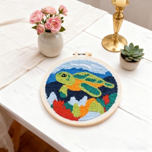 DIY Punch Needle Kits Green Sea Turtle with Hoop 20x20cm-5 - Image 3