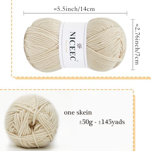 NICEEC 300g Soft Assorted Colors Yarn 100% Acrylic 870yds -Cream White - Image 2