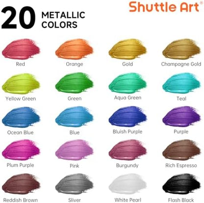 Shuttle Art Metallic Acrylic Paint Set, 20 Colors Metallic Paint in Bottles (60ml, 2oz) with 10 Brushes and 1 Palette, Rich Pigments, Non-Toxic for Artists, Beginners on Rocks Crafts CanvasWood Fabric - Image 3