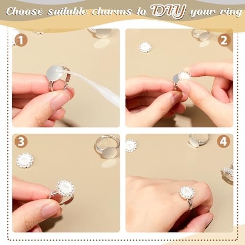 Herdear 40pcs Adjustable Blank Rings 12mm Base, Silver - Image 4