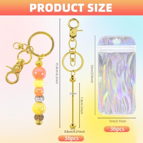 72 Pcs Beadable Keychains Bars bulk - 36 Gold DIY Metal Beaded Keychain Making Kit + 36 Bags Included, Bead Keychain Supplies,Blank Key Chain, Perfect for Women, Men, Mother's Day, Birthday Gift - Image 2