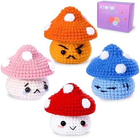 Atofoi Crochet Kit for Beginners Adults Kids - Amigurumi Crochet Kit for Beginners with Step-by-Step Video Tutorials - Beginner-Friendly Yarn - Easy Learn to DIY Knitting Supplies - 4 Pack Mushroom by AtofoiCrochetkit