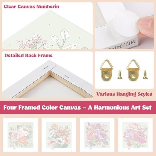 Lxmsja 4 Pack Colorful Peony Quartet Paint by Numbers Kit for Adults, Easy Framed Paint by Numbers for Adults Beginner, DIY Acrylic Oil Painting Craft Kits for Home Wall Decor 8x8 inch - Image 4