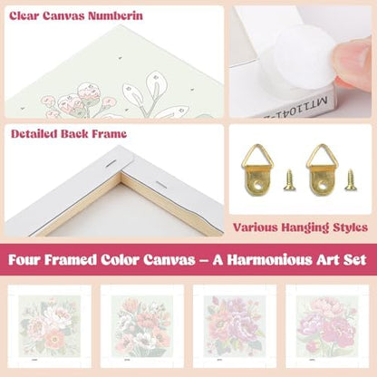 Lxmsja 4 Pack Colorful Peony Quartet Paint by Numbers Kit for Adults, Easy Framed Paint by Numbers for Adults Beginner, DIY Acrylic Oil Painting Craft Kits for Home Wall Decor 8x8 inch - Image 4