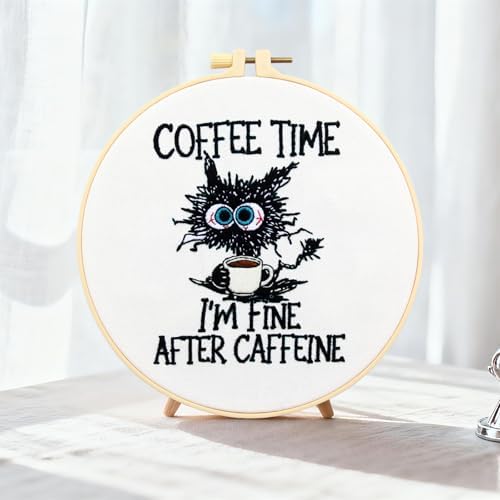 Cute Cat Embroidery Kits for Beginners Adults, Coffee Hand Embroidery Starter Kit, Stamped Cross Stitch Kits for Beginners Adult Craft Kit for Women, Entire Set of Embroidery Supplies & Video Tutorial - Image 7