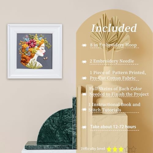 FONNUY Floral Women Embroidery Kit for Beginners, Colorful Long Hair Girl Pre-Stamped Pattern Kits for Adults with Hoop, Thread Needlework, 8'' Hoop (Gold) - Image 2