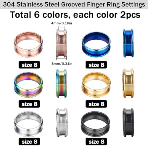 SUNNYCLUE 1 Box 12Pcs Inlay Ring Blanks Stainless Steel Ring Blanks Size 8 Grooved Ring Core Black Blue Rose Gold Round Empty Rings Inlay Ring Base Blanks for Jewelry Making Kits Men Women DIY Craft - Image 2