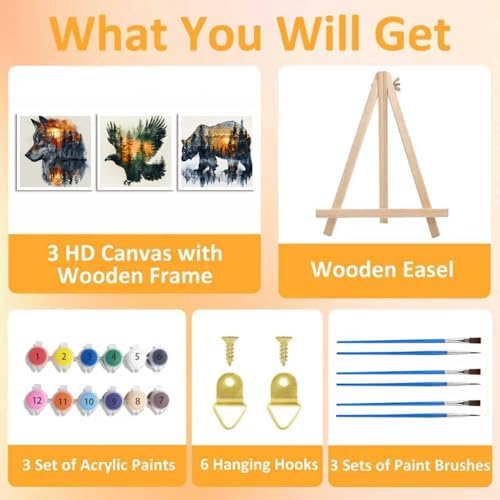 3 Pack Framed Paint by Numbers for Adult with Easel Wild Animals (8x8in) - Image 4