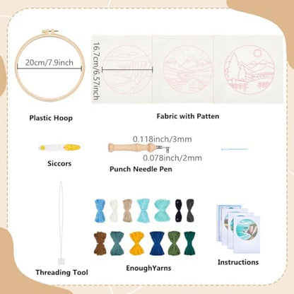 BEUNITONE 3PCS Landscape Punch Needle Kit for Adults Beginners, Complete Craft Kit Needlepoint Kits for Adults with Hoop, Punch Needle Starter Craft Set for Cloth Festival Gift and Home Decor 20X20CM - Image 2
