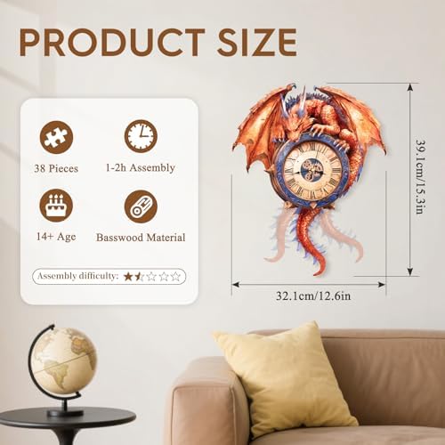 3D Puzzles for Adults Wooden Fire Dragon Puzzle Clock Adult Crafts - Image 2