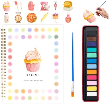 Watercolor Workbook for Adults, Beginner Friendly Watercolor Painting Kit Baking Pattern Water Coloring Book, Nature-Themed Practice Art Gift Water Color Paint Book with Palette and Brush by Kivzex