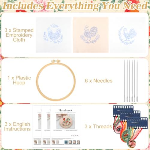 Mindsoft 3 Set Needlepoint Kit for Beginners with Hoop,Flower Rooster - Image 3
