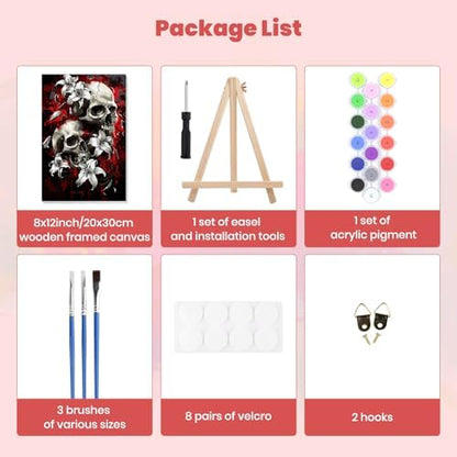MXJSUA Skulls and Lilies Framed Paint by Numbers Kit for Adults Beginner with Wooden Easel, Adults' Paint-by-Numbers on Canvas, Easy DIY Acrylic Number Painting for Home Decor Gifts, 8x12 inch - Image 7