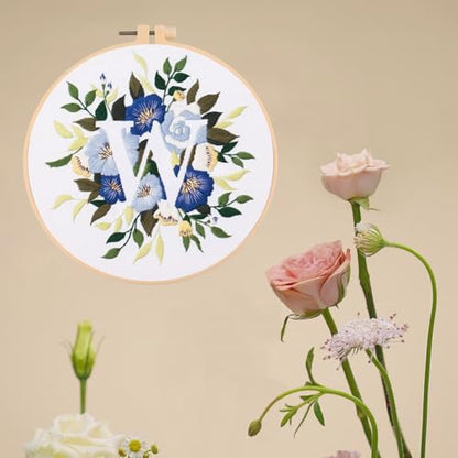 IUHUI Embroidery Kit for Beginners Adults - 26 Floral Letters Easy Patterns, DIY Hand Stitching Embroidery Set with Hoop (Flower and Grass Letter W) - Image 2