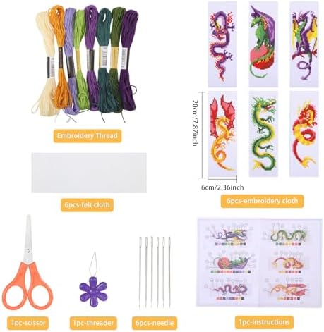 ORIGACH 6 Pcs Cross Stitch Bookmark Kit for Beginner Dragon Pattern Stamped Embroidery Stitch Kits for Starter DIY Bookmarks Printed Cross Stitch Kits with 13 Colors Embroidery Floss - Image 2