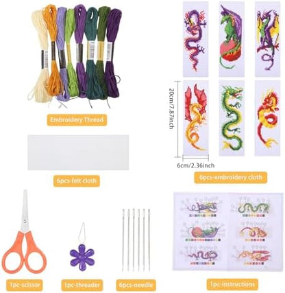 ORIGACH 6 Pcs Cross Stitch Bookmark Kit for Beginner Dragon Pattern Stamped Embroidery Stitch Kits for Starter DIY Bookmarks Printed Cross Stitch Kits with 13 Colors Embroidery Floss - Image 2