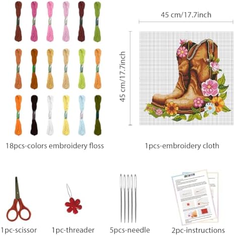 FREEBLOSS DIY Cross Stitch Wall Hanging Kit Boots Full of Flowers Stamped Cross Stitch Wall Painting Retro Style Cross Stitch Home Wall Art Cross Stitch Starter Kit for Beginners with Instruction - Image 2
