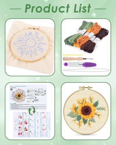 ERKOON Punch Needle Kit Beginners Adults, DIY Easy Flower Embroidery Set for Starter Art Craft, Needling Punching Project with Patterns, Tools, Yarns, Hoop, Instruction (Yellow Flowers) - Image 2