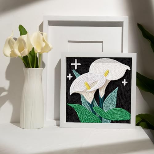 Doodlream Calla Lily Flower Needle Kit for Beginner, 9.4"x 9.4" Elegant Floral Punch Stitching Craft Set, Color DIY Embroidery Starter with Printed Frame, Instruction, Threader, Yarn, Pinch Needle - Image 6