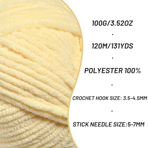 Plush Chenille Chunky Crochet Yarn - Baby Yarn for Crocheting Soft - Velvet Yarns Knitting for Blankets Crafts - Fluffy Amigurumi Yarns 100g / 131yd (Yellowish) - Image 2