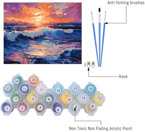 Clendo Beach Paint by Numbers Kit for Adults Beginner, Colorful Seaside Painting by Number on Canvas, DIY Acrylic Sunset Adult Paint by Number Kits for Home Decor Gift 16x20 Inch - Image 3