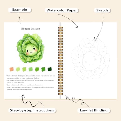 Easy Vegetable Watercolor Workbook for Beginners, Water Coloring Book, 18 Colors Watercolors Paint Set, 12 Patterns Fresh Harvest Watercolor Kit, Relaxing DIY Gift for Adults and Women Teen - Image 4