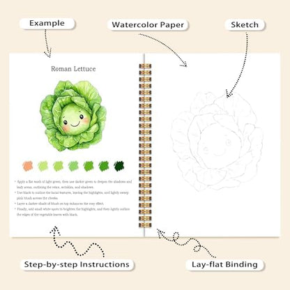 Easy Vegetable Watercolor Workbook for Beginners, Water Coloring Book, 18 Colors Watercolors Paint Set, 12 Patterns Fresh Harvest Watercolor Kit, Relaxing DIY Gift for Adults and Women Teen - Image 4