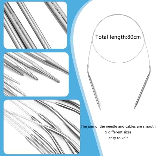 Circular Knitting Needles Set,9 Pack Round Long Smooth Stainless Steel Knitting Needles Kit (32 Inch/80cm),9 Sizes from 2mm-6mm,with Small Tools for Beginners,Making Sweater,Scarf,Blanket - Image 2
