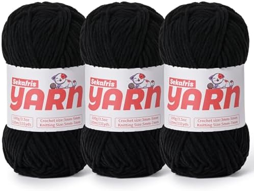 3 Pack Plush Chunky Chenille Yarn for Crocheting, Soft Fluffy Velvet Yarn for Crocheting, Fuzzy Baby Blanket Knitting Yarns, 300g/393yds Bulky Amigurumi Yarns（3 Black） by Sekafris