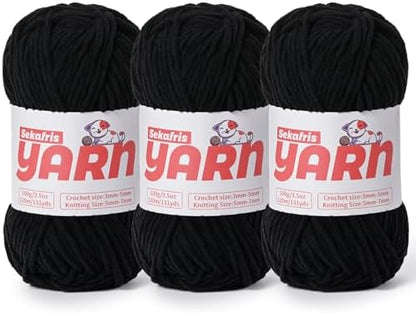 3 Pack Plush Chunky Chenille Yarn for Crocheting, Soft Fluffy Velvet Yarn for Crocheting, Fuzzy Baby Blanket Knitting Yarns, 300g/393yds Bulky Amigurumi Yarns（3 Black） by Sekafris