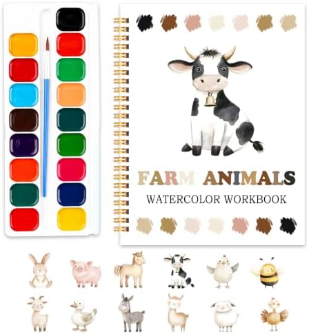Farm Animals Watercolor Workbook, Water Coloring Book, 12 Patterns, 18 Colors Watercolor Paint Set, Countryside Memories Watercolor Kit for Beginners, Relaxing DIY Gift for Adults by SHLINCO
